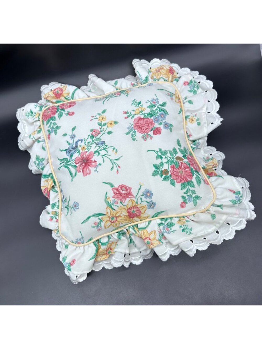 Vintage Floral Throw Pillow Ruffles Eyelet Lace USA 90s Cottage Granny Pink